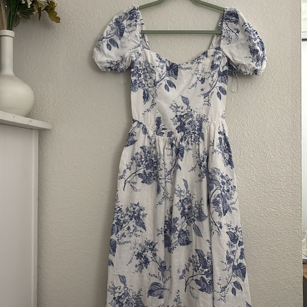 Reformation Cream Midi Dress with Blue Floral Print - Picture 9 of 15